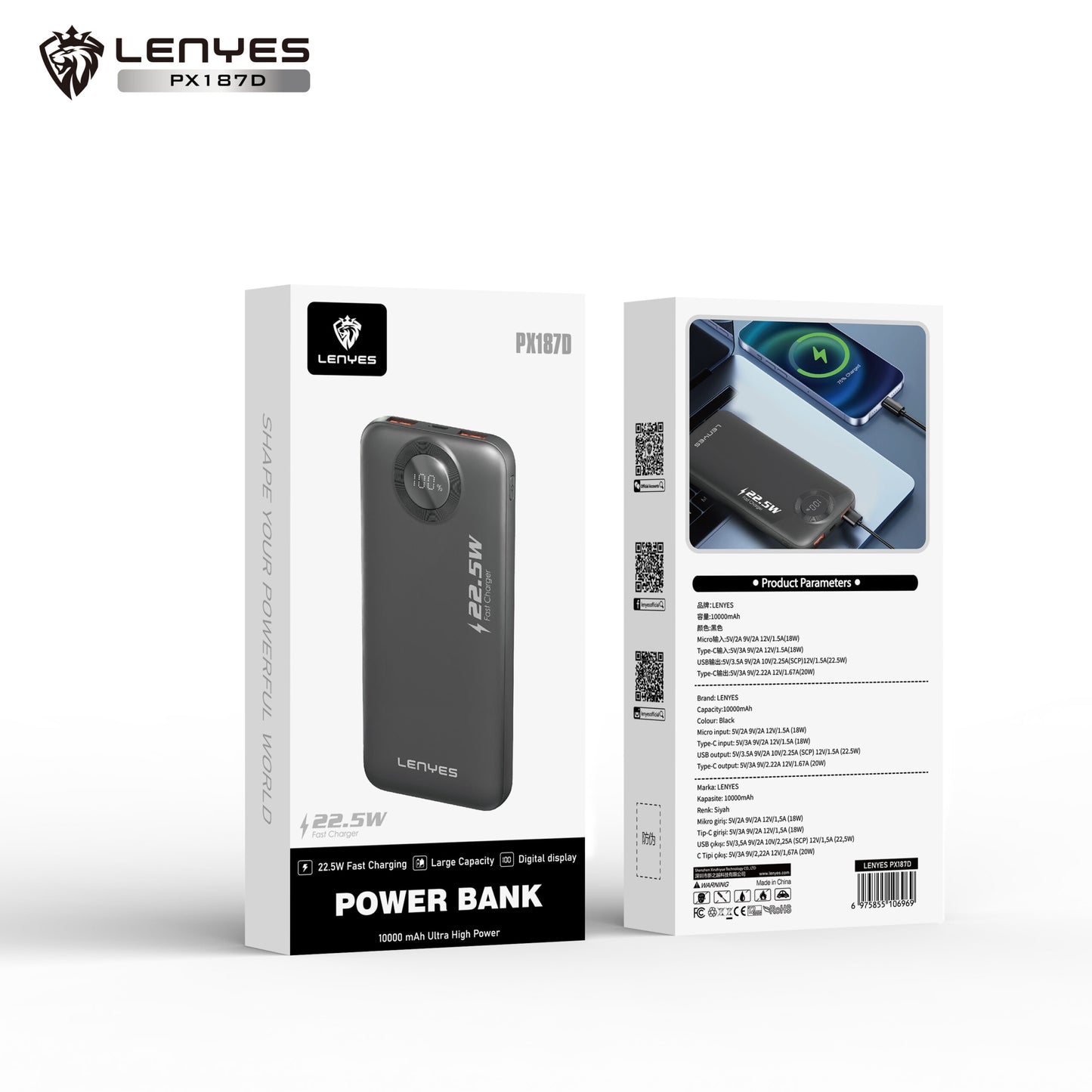 Lenyes PX187D 10,000 mAh Fast-Charge Power Bank